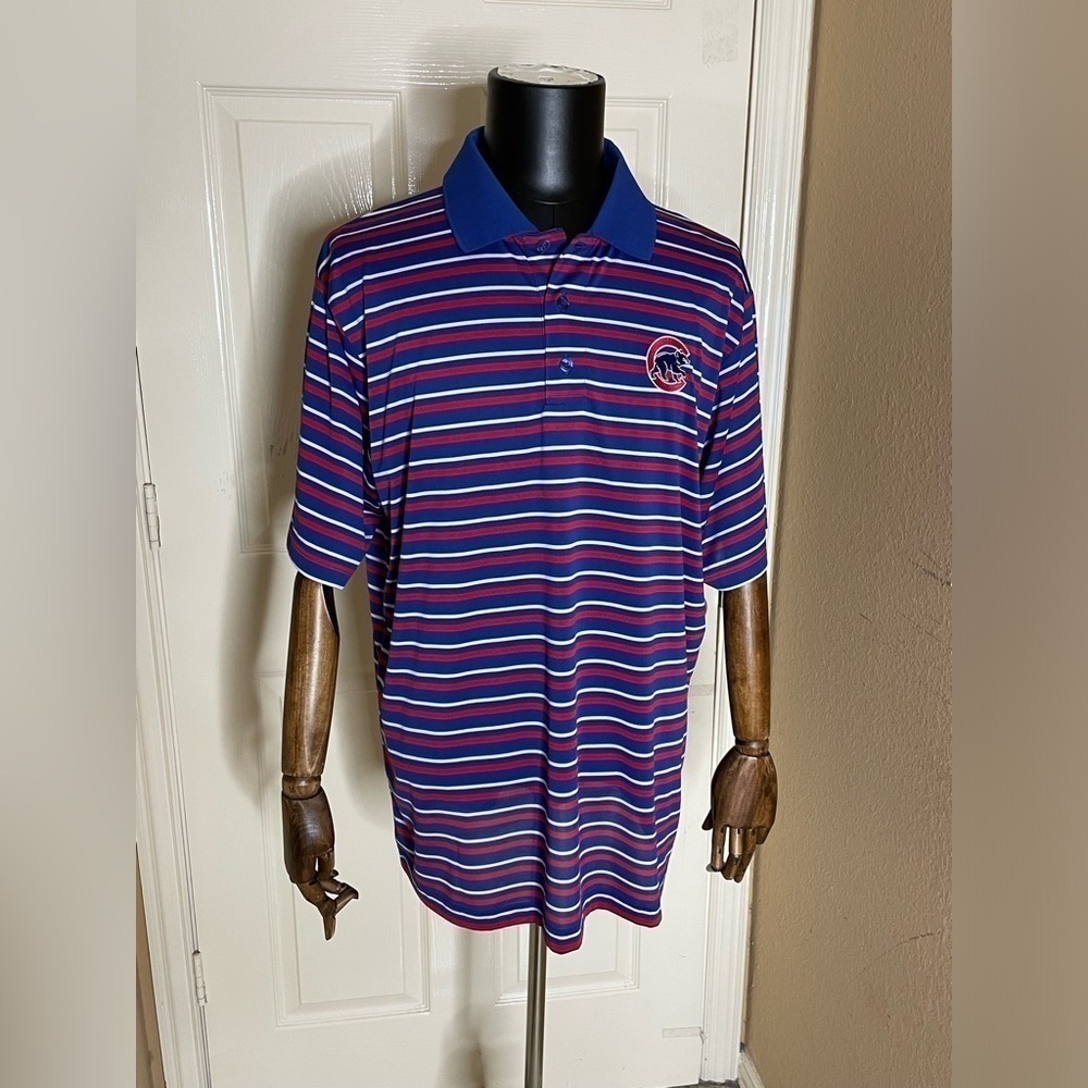 Chicago Cubs Polo Shirt Blue Striped Majestic MLB Men’s Size XL - Picture 7 of 9